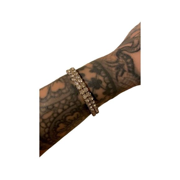 Rhinestone Stretch Cuff Bracelet Gemstones Silver Tone Bling Glam - Picture 8 of 10